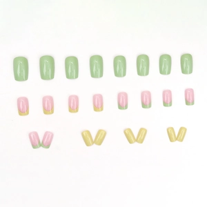 Minimalist green and yellow lemon avocado press-on nails set with French tips design