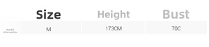 Size chart table with model measurements height 173cm and bust 70C for floral dress