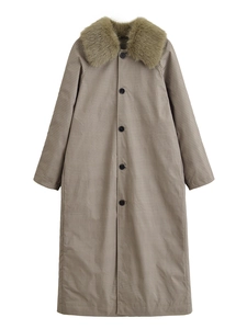 Detail of detachable faux fur collar and single-breasted brown checkered trench coat