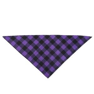 Detailed view of the purple and black plaid cotton dog bandana on white background