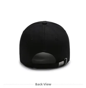 Back view of a black cotton baseball cap showing adjustable silver metal buckle strap