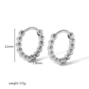 Close-up of 11mm silver beaded stainless steel hoop earrings with size measurements