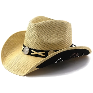 Western straw cowboy hat with black embroidered brim and silver metal concho band