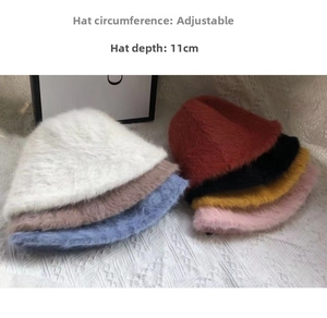 Detail of adjustable plush bucket hats in multiple colors with 11cm depth specification