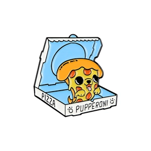Creative enamel pizza box pin featuring a cartoon dog character on a metal brooch