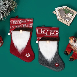 Nordic Christmas gnome stockings in red and gray for holiday home decor and gift bags