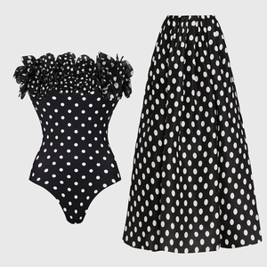 Polka dot vintage swimwear set with petal ruffles and matching high-waisted skirt