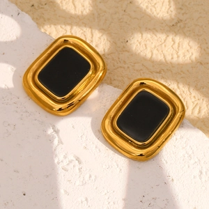 Boucles d'oreilles vintage en acier inoxydable plaqué or 18K avec onyx noir carré