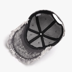 Washed dark grey cotton baseball cap with distressed brim and six-panel structure