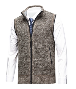 Close-up of coffee brown knit vest with textured stand collar and metal zipper detail