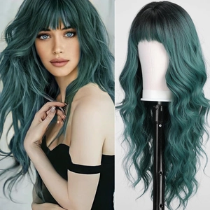 Detailed view of long wavy dark green wig with bangs on model and mannequin stand