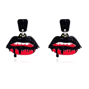 Halloween acryl hangende oorbellen met vleermuis en vampier lippen met glittereffect