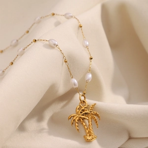 Palm Tree Pendant Necklace 18K Gold Plated Stainless Steel With Artificial Pearl Summer Beach Vacation Style For Women