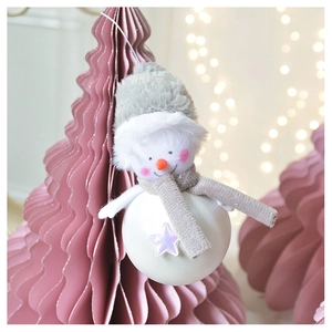 Detail of plush snowman Christmas tree ornament with purple star on white decorative ball