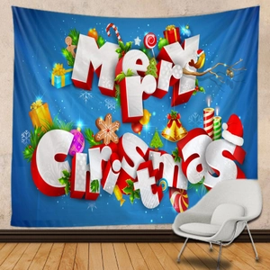 Detailansicht großer Weihnachts-Wandteppich mit 3D-Text und festlichen Motiven an der Wand