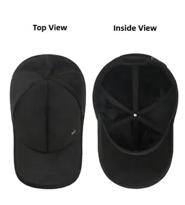 Detailed top and interior view of a black winter baseball cap with plush lining for warmth