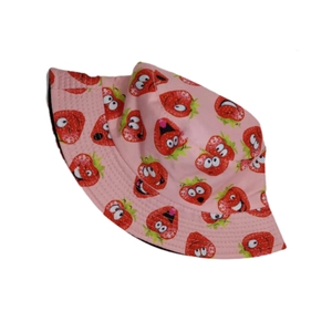 Pink bucket hat with funny strawberry cartoon prints and reversible sun protection design