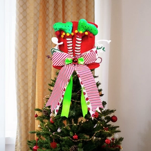 Christmas Tree Topper Hat With Elf Legs Large Bow Foldable Felt Topper For Holiday Home Party Decoration