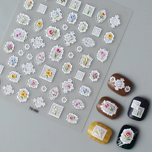 5D embossed nail stickers featuring vintage white lace and colorful floral embroidery patterns