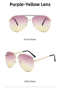 Detailed front and side views of gold aviator sunglasses with purple-yellow gradient lenses