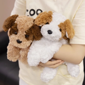 Cute fluffy puppy plush toys in brown and white being held to show texture and size