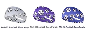 Detail view of elastic soccer pattern headbands in silver gray, deep purple and navy blue