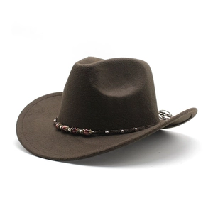 Classic dark brown western cowboy felt hat with woven decorative band and beads