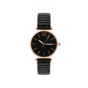 Women's quartz watch with rose gold case, textured black dial and flexible stretch band