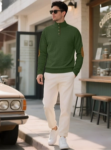 Men's dark green stand collar waffle knit shirt with brown elbow patches and button detail