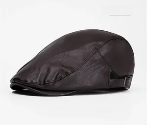 Side view of dark coffee faux leather duckbill cap with adjustable metal side buckles