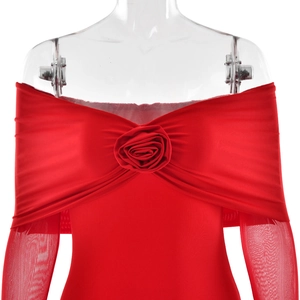 Detail of red off-shoulder dress featuring a 3D rose and sheer mesh sleeve patchwork