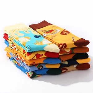 Creative food-themed cotton crew socks with pasta and lemon patterns on a white background