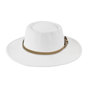 Detail view of white wool fedora with 9cm wide brim and brown leather buckle strap