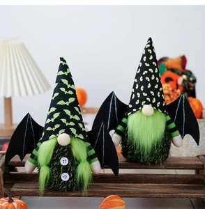 Close-up of Halloween gnomes with neon green beards and bat wings on wooden display