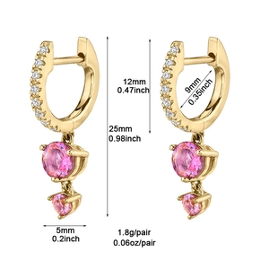 Detail view of 18K gold plated zircon earrings with pink gemstones and size measurements