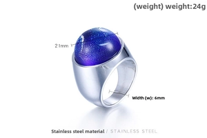 Detail of 21mm galaxy blue glass stone on 6mm wide stainless steel band for women