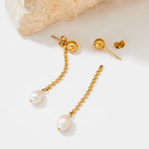 Artificial Baroque Pearl Long Tassel Drop Earrings With Stainless Steel Elegant For Women