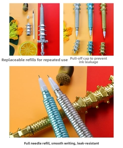 Detail of creative sword-shaped gel pens showing refillable core and needle-point tip