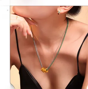 Close-up of elegant double-layered gold necklaces and matching jewelry set on a model