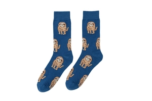 Blue cotton socks with knitted brown sloth patterns for a playful and trendy casual look