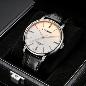 Macro view of men's quartz watch with silver steel case and roman numerals dial