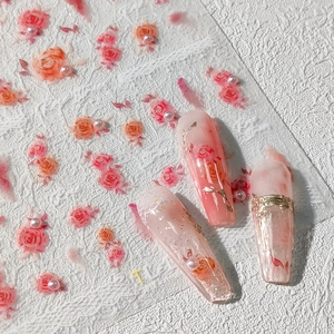3D embossed nail stickers featuring retro pink roses, pearls and white lace patterns