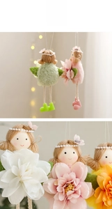 Detail of plush Easter angel dolls with floral hair accessories and rope limb crafts