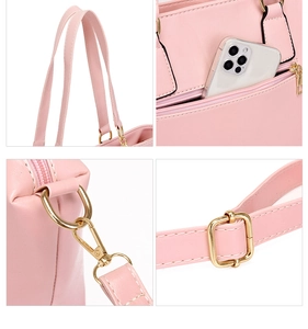 Detail shots of pink PU leather handbag showing golden hardware and adjustable strap
