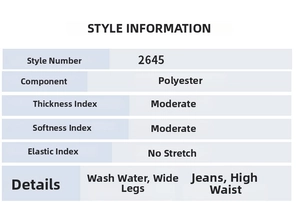 Detailed chart showing high waist broad leg jeans specs in polyester and wash water finish
