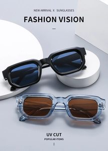 Detail of vintage thick-frame sunglasses with UV protection on geometric stands