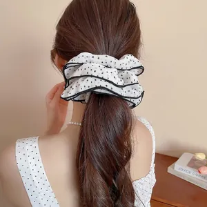 Korean style double-layered polka dot oversized scrunchie with chic black piping detail