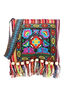 Bohemian Ethnic Embroidery Crossbody Bag Fabric Tassel Wood Bead Shoulder Purse Travel Daily Style For Women