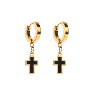 Gothic style gold stainless steel hoop earrings with black enamel cross charms