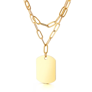 Double-layered gold stainless steel necklace featuring a polished rectangular dog tag pendant